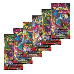 Phantasmal Flames Booster Bundle featuring six booster packs from the Pokémon Mega Evolution series.