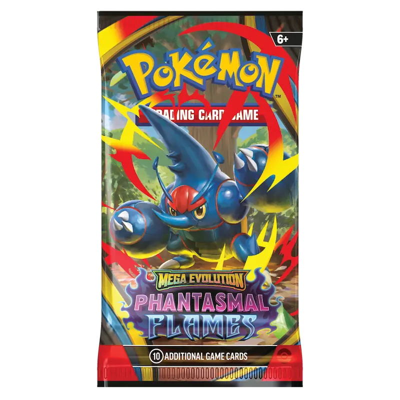 Phantasmal Flames Boosterpack featuring Mega Evolution Pokémon art and showcasing vibrant card designs.