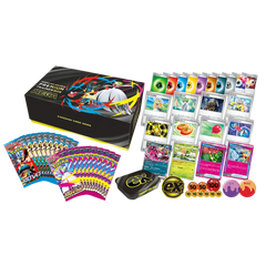 Mega Premium Trainer Box featuring booster packs, cards, energy, EX coin, and storage components.