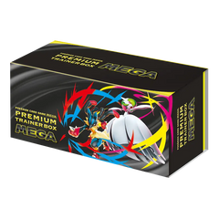 Mega Premium Trainer Box featuring vibrant artwork and Pokémon characters, perfect for collectors and players.