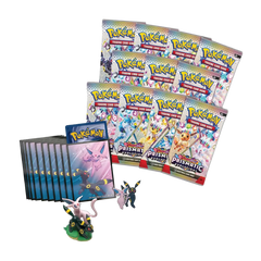 "Prismatic Evolutions Figure Collection mit Booster-Packs, einer Umbreon-Promokarte, einer Espeon-Promokarte und einer Sammelfigur."
