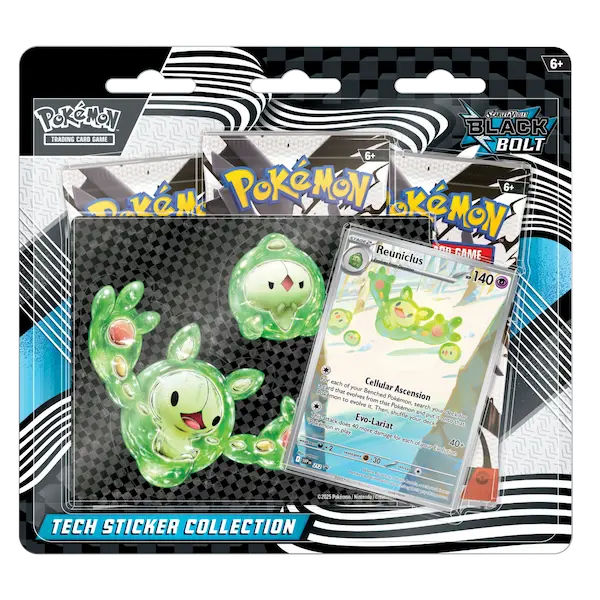 Black Bolt Tech Sticker Collection featuring Reuniclus and booster packs from Pokémon Scarlet & Violet SV10.5 set.