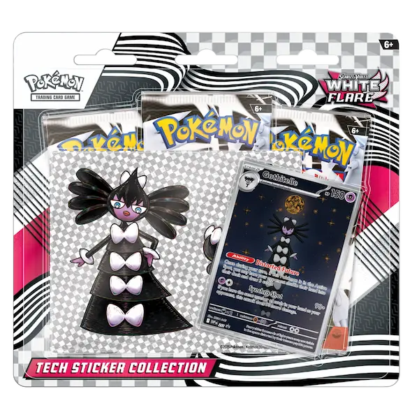 White Flare Tech Sticker Collection featuring booster packs and exclusive card.