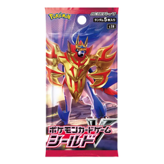 "Schild-Booster-Pack mit dem Pokémon-Charakter in einem goldenen Rüstungsdesign, veröffentlicht in Japan."