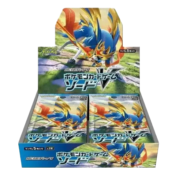 Sword Booster Box display featuring Pokémon Sword V booster packs, collectible trading cards set.