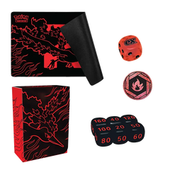 "Moltres ex Ultra Premium Collection Zubehör inklusive Deckbox, Würfel, Marker und Spielmatte."