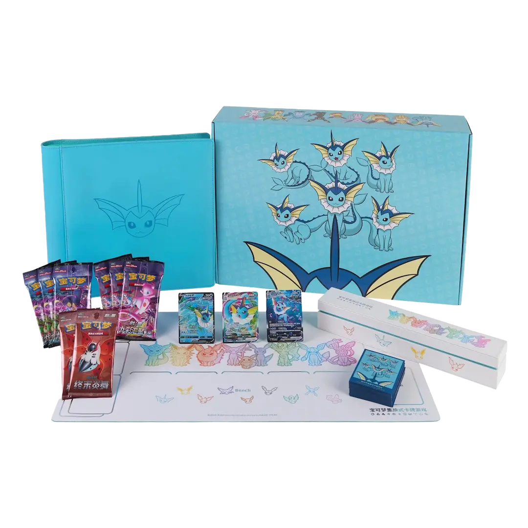 Vaporeon Advanced Gift Box with promo cards, booster packs, and collector's folder featuring Pokémon Chinese design.