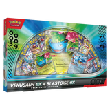 Collection premium ex de Tortank et Florizarre, comprenant des boosters du JCC Pokémon et des illustrations de la série Écarlate et Violet.