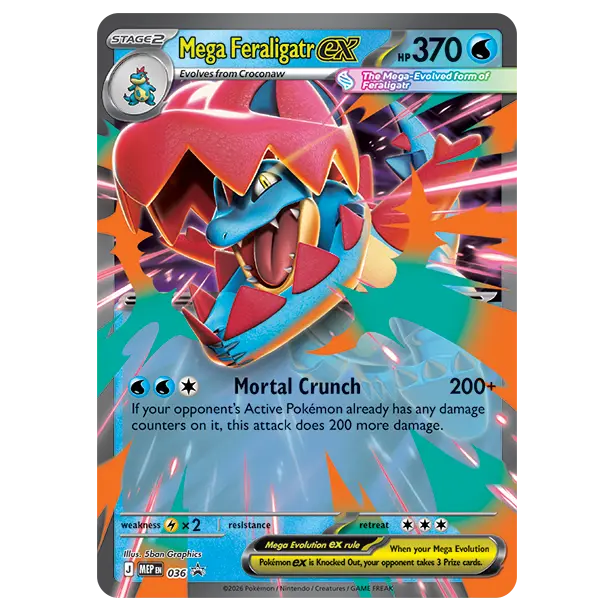 Mega Feraligatr ex Collection Box foil promo card showcasing Mega Feraligatr ex in action with attack details.