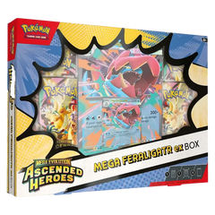 Mega Feraligatr ex Collection Box featuring booster packs and a promo card from the Ascended Heroes set.