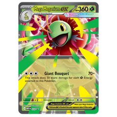"Mega Meganium ex Kollektionsbox mit der Mega Meganium ex Karte mit dem Angriff Riesenstrauß und Details."
