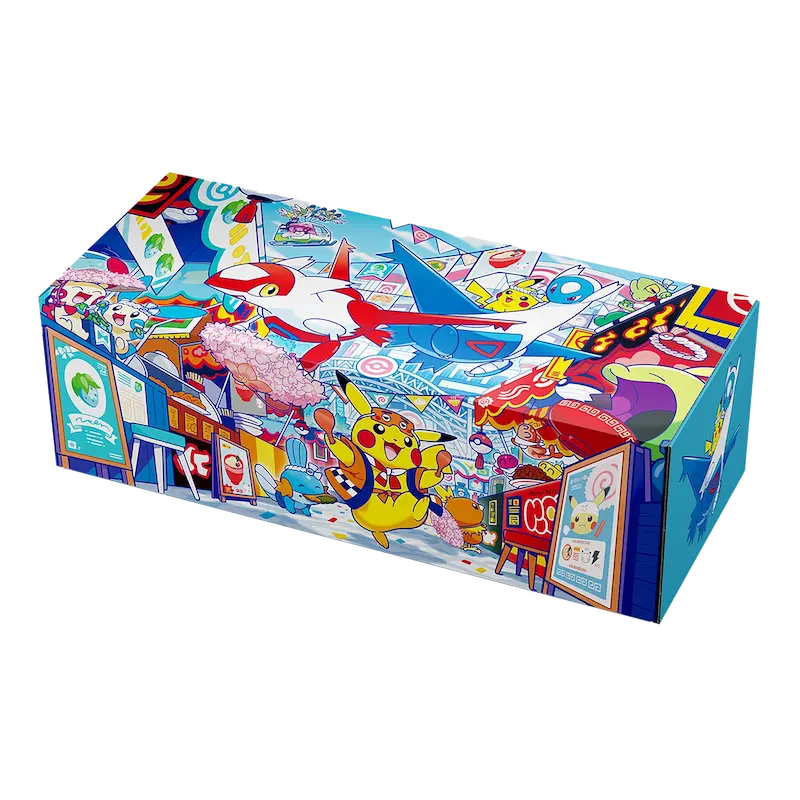 3er-Pack Pokémon Center Box mit farbenfrohem Pikachu und lebendigen japanischen Stadtelementen.