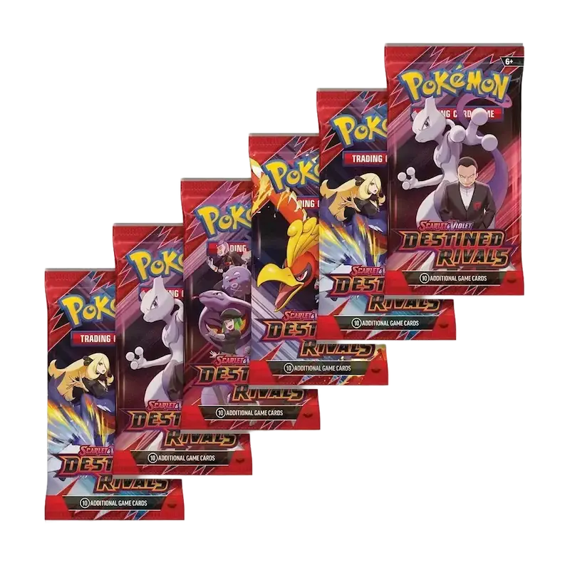Destined Rivals Booster Bundle (Live-Stream) mit mehreren Pokémon-Karten-Packs aus der Scarlet & Violet-Erweiterung.