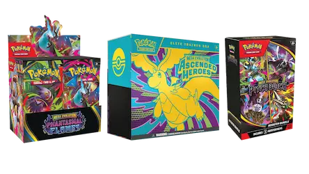 Various Pokémon trading card game products including elite trainer boxes and booster packs.