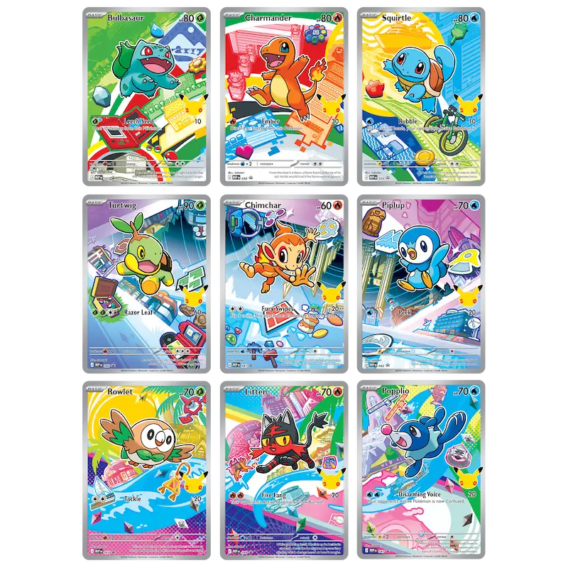 First Partner Illustration Box Serie 1 mit Illustrationen im seltenen Stil von Kanto-, Sinnoh- und Alola-Startern.