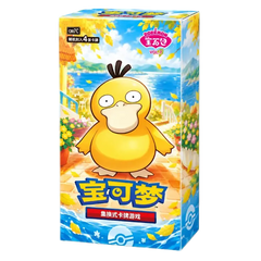 Pokemon-themed card game box featuring Psyduck, vibrant colors and playful design with autumn scenery.