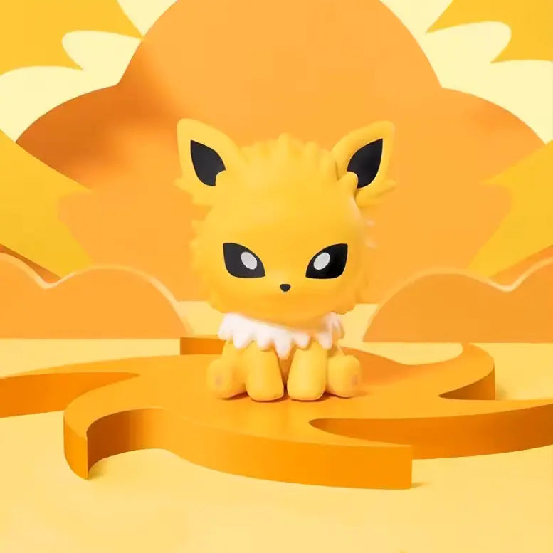 Figurine d'évolution d'Evoli de la boîte mystère mini figurines Eeveelution sur fond jaune vif.