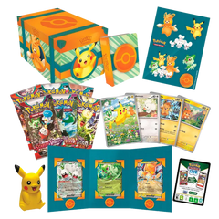 Pokémon Paldean Adventure Chest features promo cards, booster packs, tech stickers, mini portfolio, and a squishy Pikachu toy.