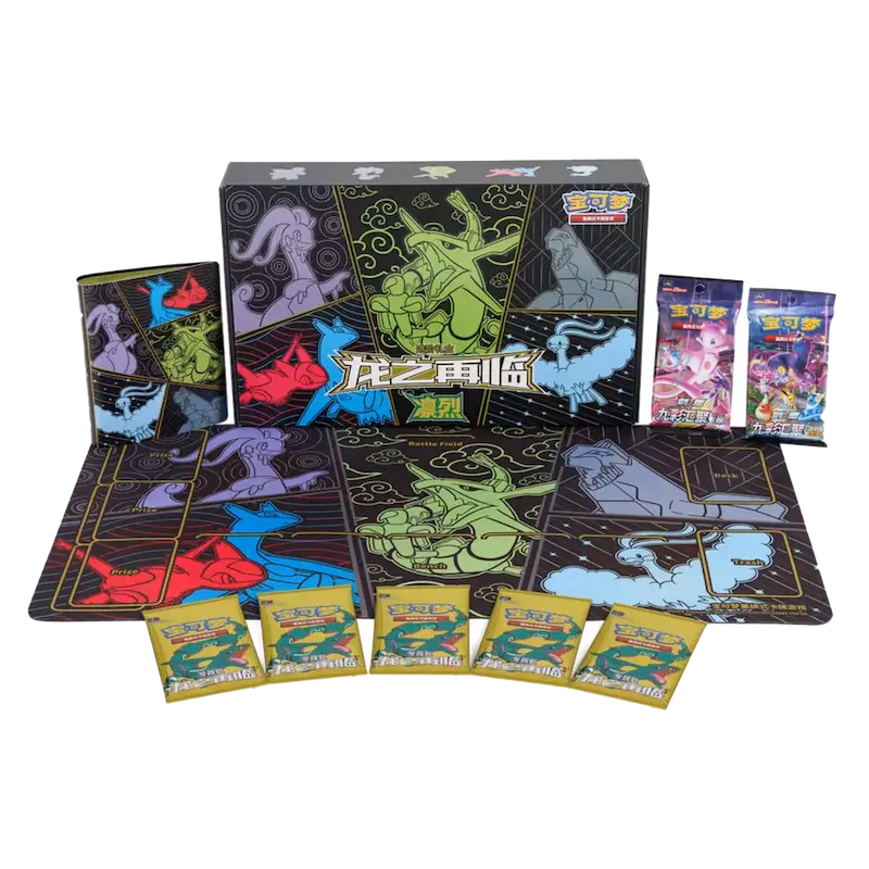 Return of the Dragon giftbox met Rayquaza, speelmat, map en Pokémon TCG boosterpakketten.