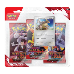 Destined Rivals 3-Pack blister featuring Kangaskhan card and three Pokémon Scarlet & Violet booster packs.