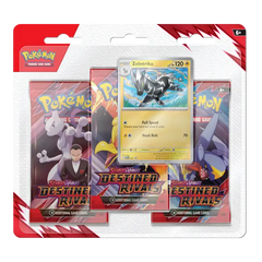 Pokémon Destined Rivals 3-Pack Blister featuring Zebstrika card and booster packs from Scarlet & Violet SV10 set.