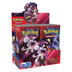 Boîte d'extension Pokémon Rivaux Destinés mettant en vedette la Team Rocket et des personnages Pokémon emblématiques de Écarlate et Violet.