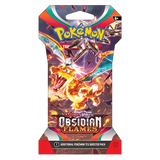 "Pokémon SV03 Obsidian Flames booster pack met Charizard Ex en levendige vlammen, perfect voor verzamelaars van ruilkaarten."