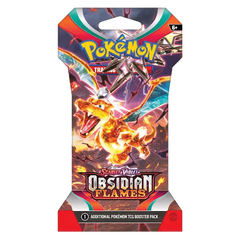 "Pokémon SV03 Obsidian Flames booster pack met Charizard Ex en levendige vlammen, perfect voor verzamelaars van ruilkaarten."