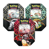 Pokémon SV04.5 Paldean Fates EX Tin 3-Pack featuring Iron Threads and Great Tusk TCG cards.