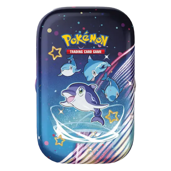 Paldean Fates Mini Tin met speelse dolfijn Pokémon, onderdeel van de Pokémon TCG-collectie, levendig ontwerp met sterren.