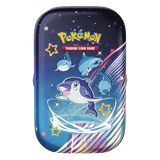 Paldean Fates Mini Tin met speelse dolfijn Pokémon, onderdeel van de Pokémon TCG-collectie, levendig ontwerp met sterren.