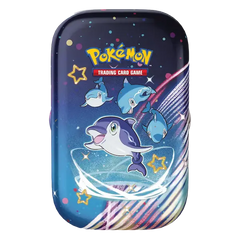Paldean Fates Mini Tin met speelse dolfijn Pokémon, onderdeel van de Pokémon TCG-collectie, levendig ontwerp met sterren.