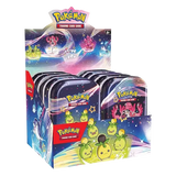 "Paldean Fates Mini Tin Display met glimmende Pokémon uit Pokémon TCG, met levendige illustraties en verzamelobjecten."