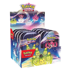 "Paldean Fates Mini Tin Display met glimmende Pokémon uit Pokémon TCG, met levendige illustraties en verzamelobjecten."