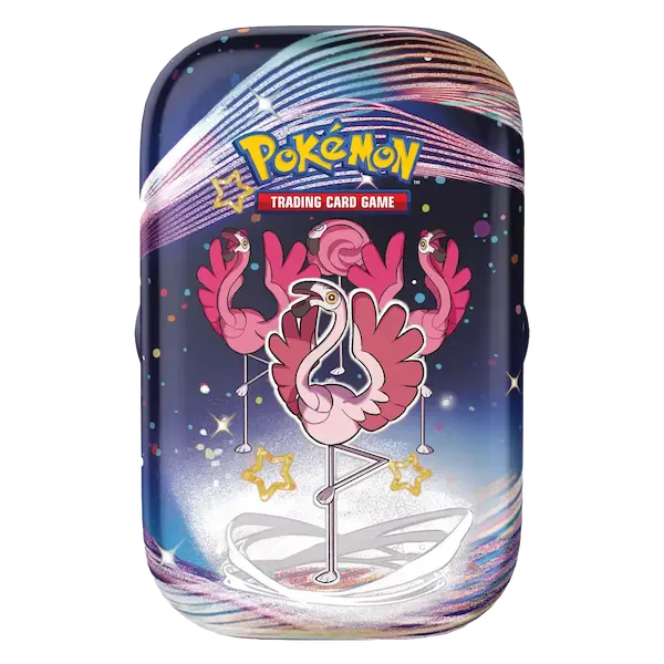 Paldean Fates Mini Tin met kleurrijke flamingo's, Pokémon-logo en een sterrenontwerp voor Pokémon SV04.5.