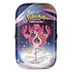 Paldean Fates Mini Tin met kleurrijke flamingo's, Pokémon-logo en een sterrenontwerp voor Pokémon SV04.5.