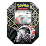 "Pokémon TCG Paldean Fates EX Tin mit Eisenrad, das zukünftige Pokémon im schillernden Design zeigt."