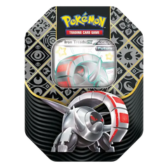 "Pokémon TCG Paldean Fates EX Tin mit Eisenrad, das zukünftige Pokémon im schillernden Design zeigt."