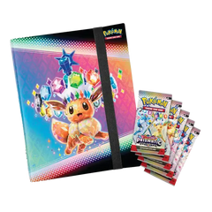 Collection de classeurs Prismatic Evolutions avec cartes Pokémon et paquets de boosters au design Eevee