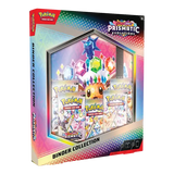 Collection de classeurs Prismatic Evolutions avec boosters et design coloré pour cartes Pokémon TCG.