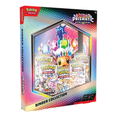 Collection de classeurs Prismatic Evolutions avec boosters et design coloré pour cartes Pokémon TCG.