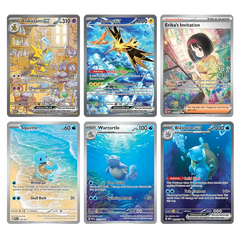 "Pokémon 151 Booster Bundle folie promokaarten met Alakazam, Zapdos, Erika's Uitnodiging, Squirtle, Wartortle en Blastoise."