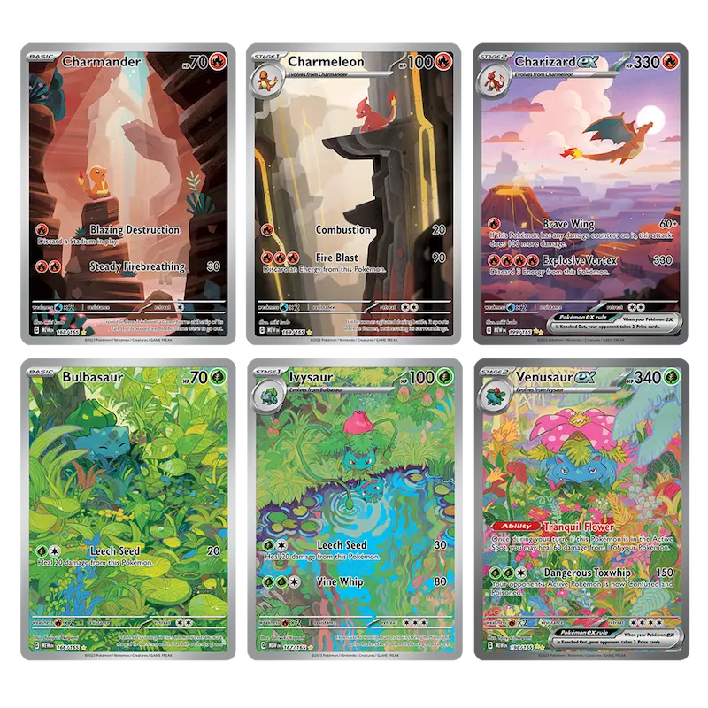 Foil Pokémon kaarten met Charizard, Charmander, Bulbasaur, Ivysaur en Venusaur uit de 151 Booster Bundle.