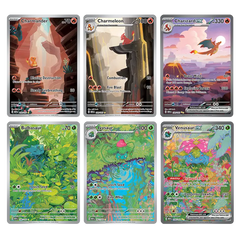 Foil Pokémon kaarten met Charizard, Charmander, Bulbasaur, Ivysaur en Venusaur uit de 151 Booster Bundle.