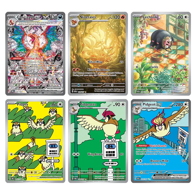 Cartes Pokémon de la boîte d'extension Flammes Obsidiennes mettant en vedette Charizard, Feunard, Pohm et la lignée de Roucarnage.