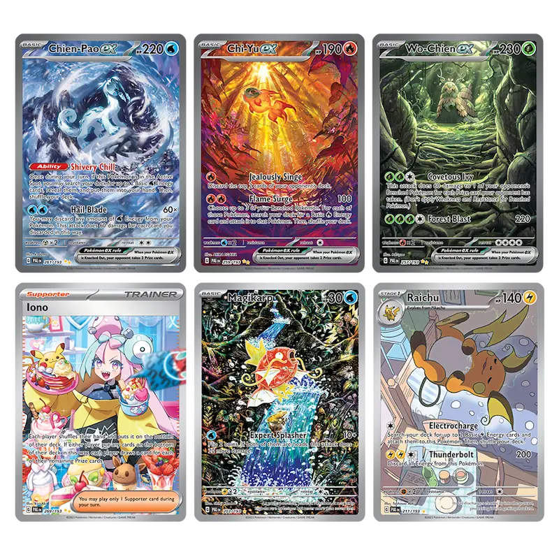Cartes Pokémon TCG avec Chien-Pao ex, Chien-Tao ex, Wei-Chien ex, Iono et Raichu de l'ensemble Paldea Evolved.