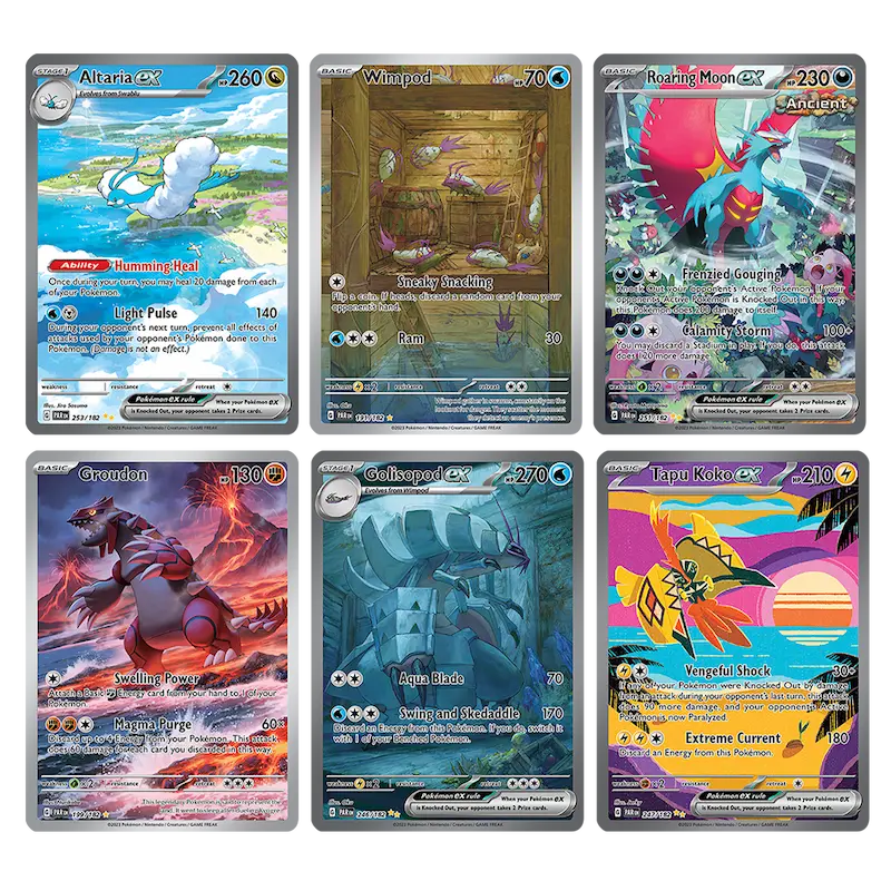 Kleurrijke Pokémon kaarten met Altaria, Wimpod, Brullende Maan, Groudon, Galactisch en Tapu Koko uit Paradox Rift!