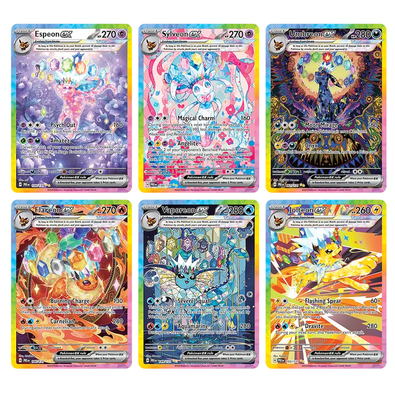 Prismatic Evolutions Binder Collection featuring Espeon, Sylveon, Umbreon, Flareon, Vaporeon, and Jolteon cards.