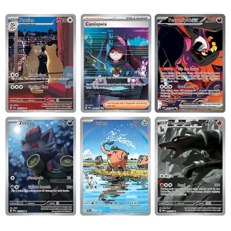 Collection de cartes Pokémon : Persian, Cassiopeia, Fizzyandipod EX, Zorua, Culant et Mewtwodon de Shrouded Fable.