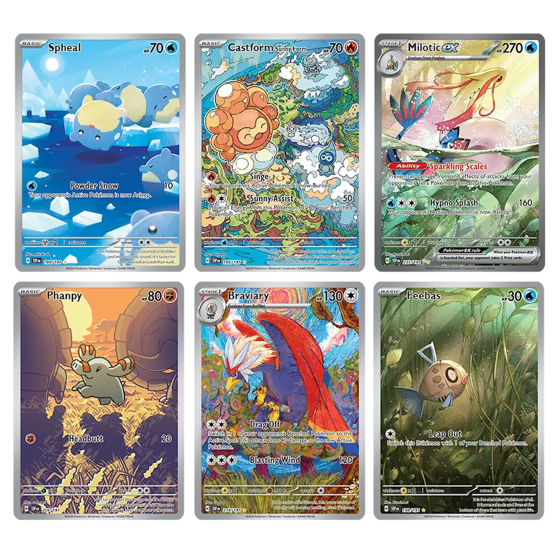 Collection de six cartes Pokémon du set Surging Sparks, comprenant Spheal, Castform, Milotic EX, Phanpy, Braviary et Feebas.